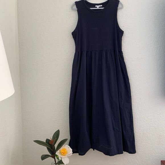 Chico’s Travelers Maxi Dress Slitky Stretch Slide Slit Navy Pockets Size 3/16 - Picture 1 of 7